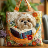 Prešívaná taška – Shih-tzu s knihou a kvetmi
